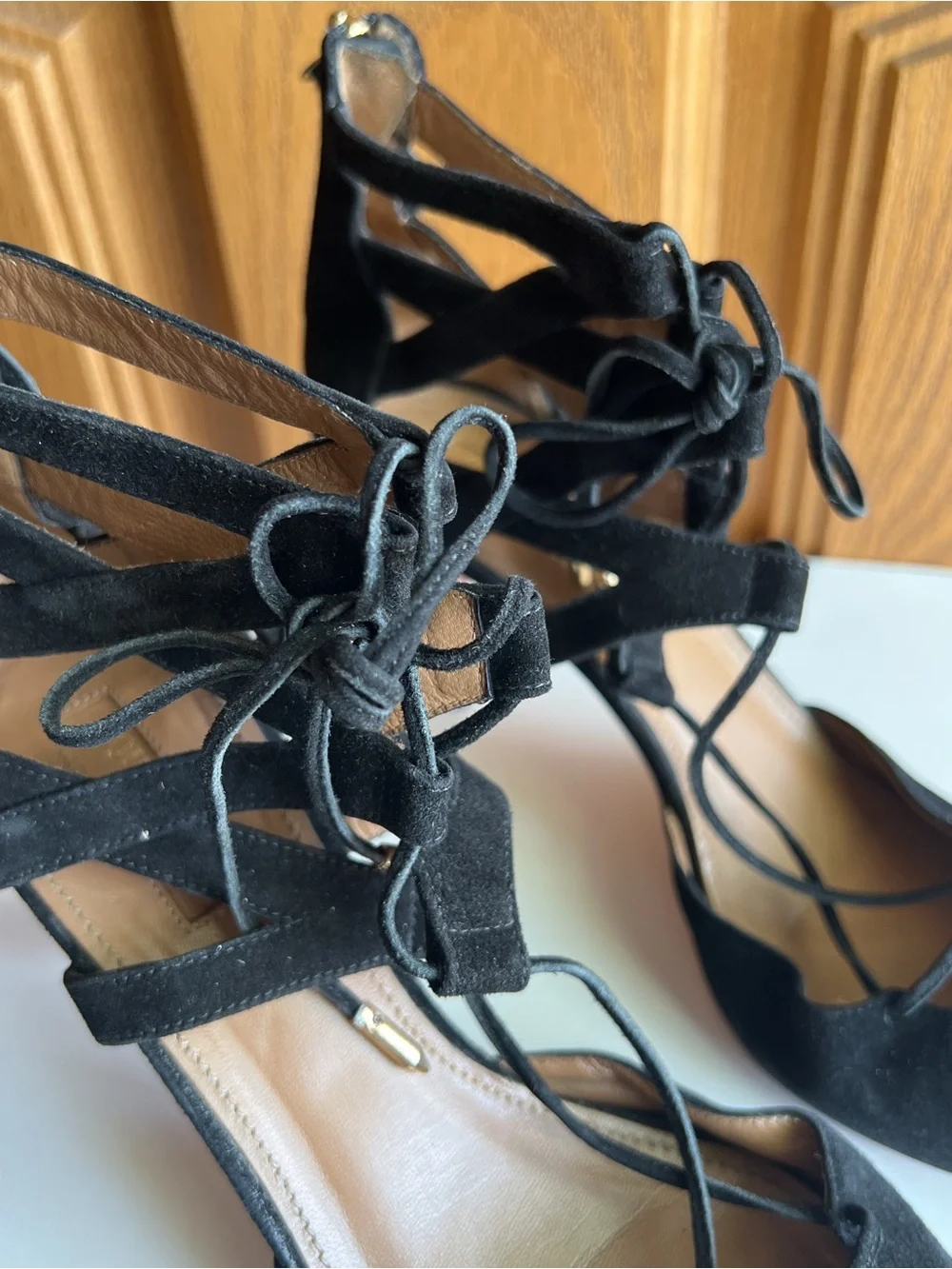 Aquazzura Belgravia Black Suede Lattice Caged Pointed Toe Heels Sandals EU 39.5